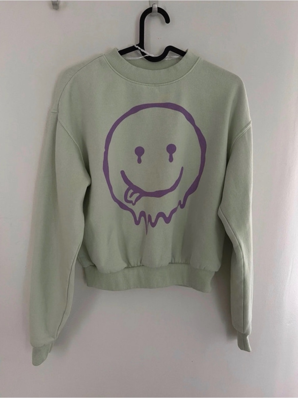 H&M Sage Green Crewneck Sweatshirt with Purple Drip Smiley
